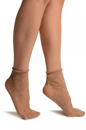 Beige Flowers Ankle High Socks With Comfort Top