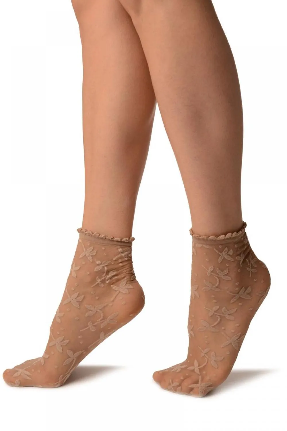 Beige Flowers Ankle High Socks With Comfort Top