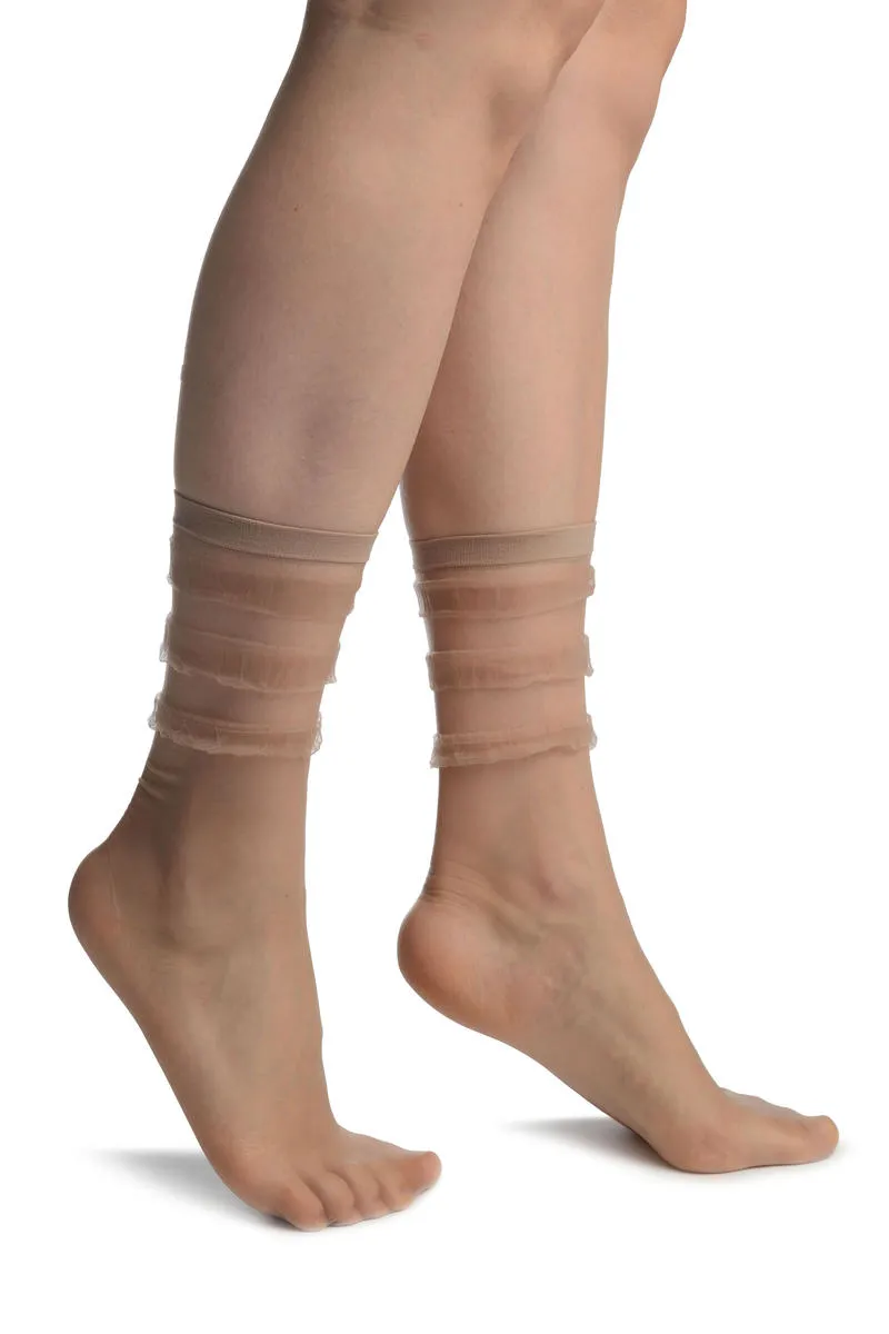 Beige With Elegant Frills Ankle High Socks