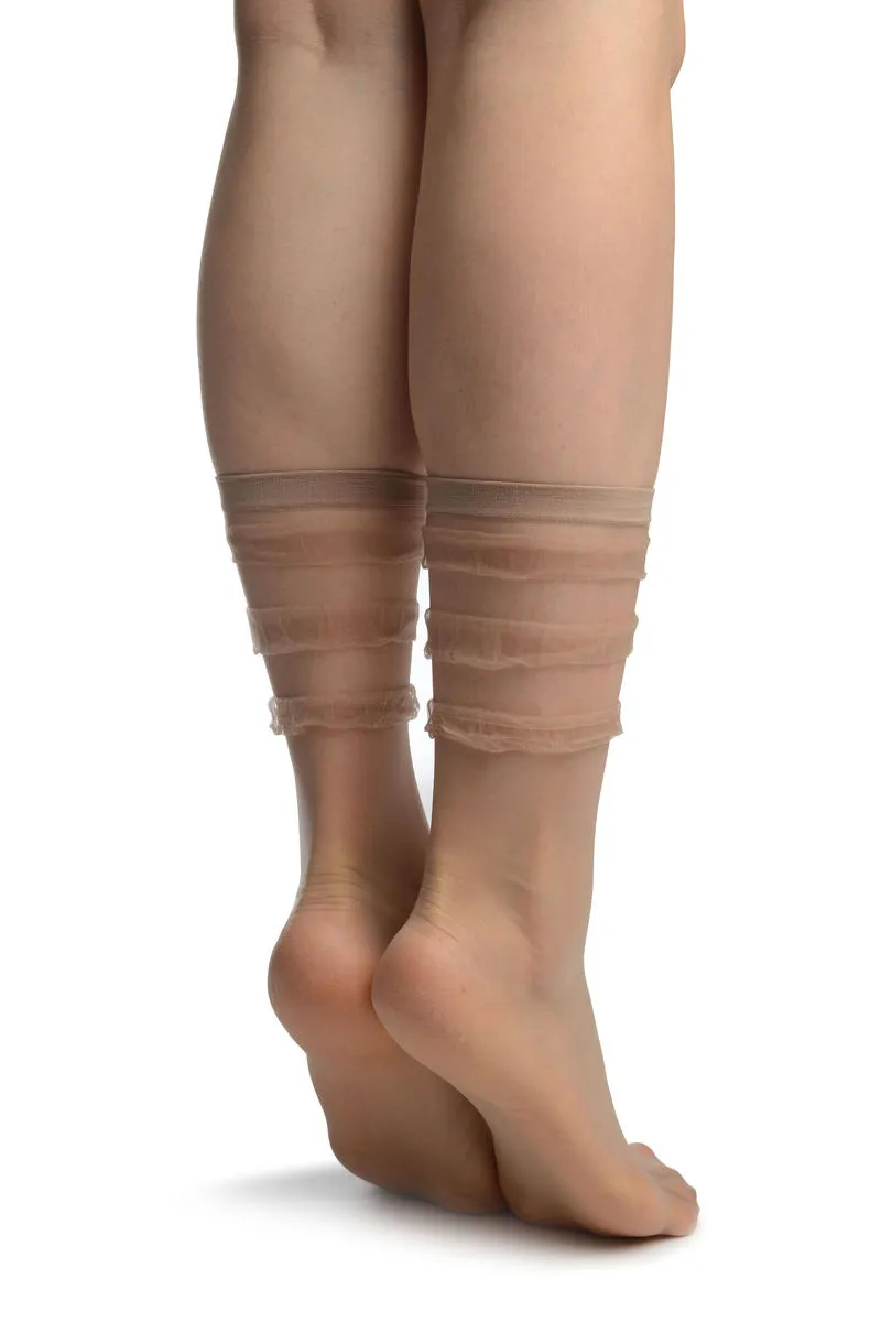 Beige With Elegant Frills Ankle High Socks