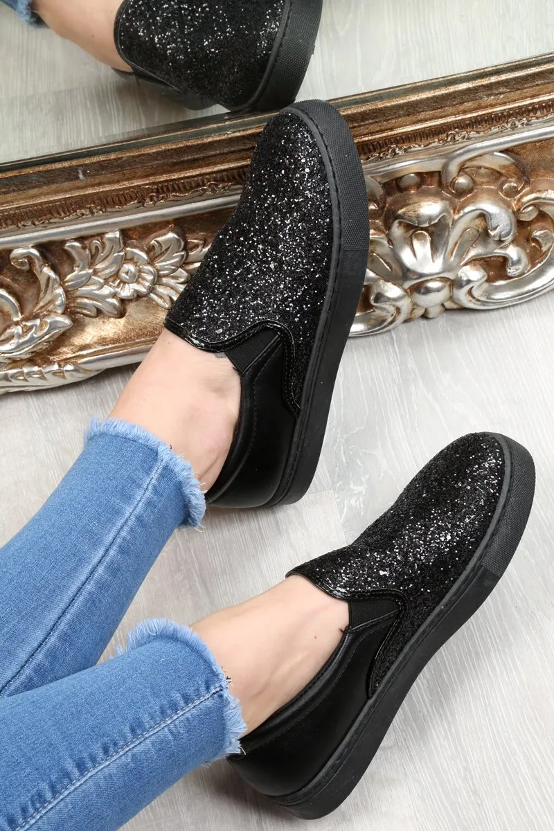 Black Glitter Slip On Trainers - Maddie