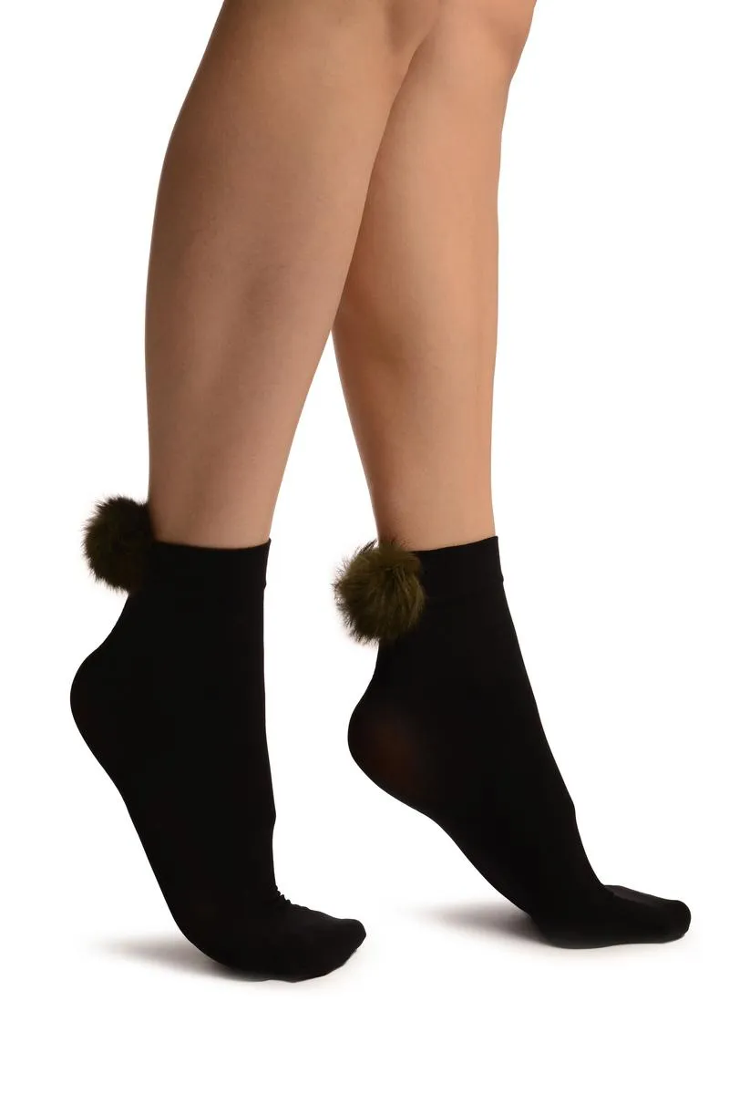 Black With Green Pon Pon Rabbit Fur Ankle High Socks