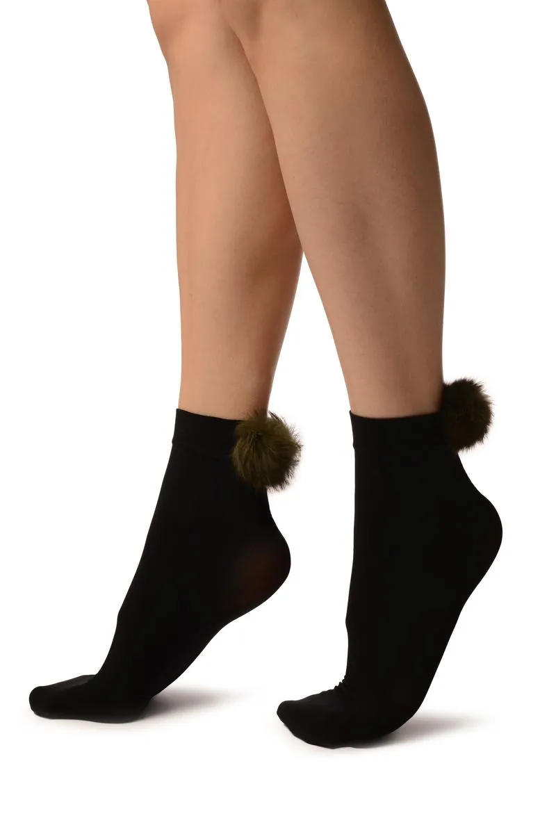 Black With Green Pon Pon Rabbit Fur Ankle High Socks