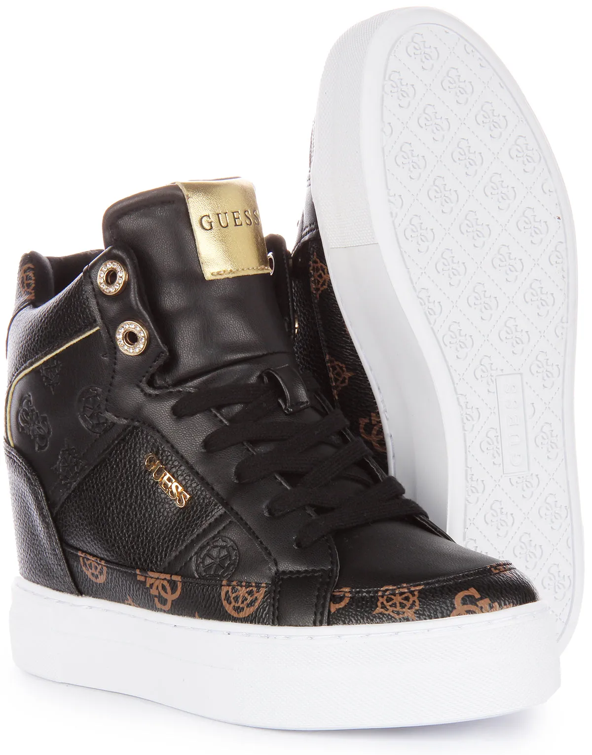 Guess Fridan 4G Wedge Trainer In Black Brown For Women