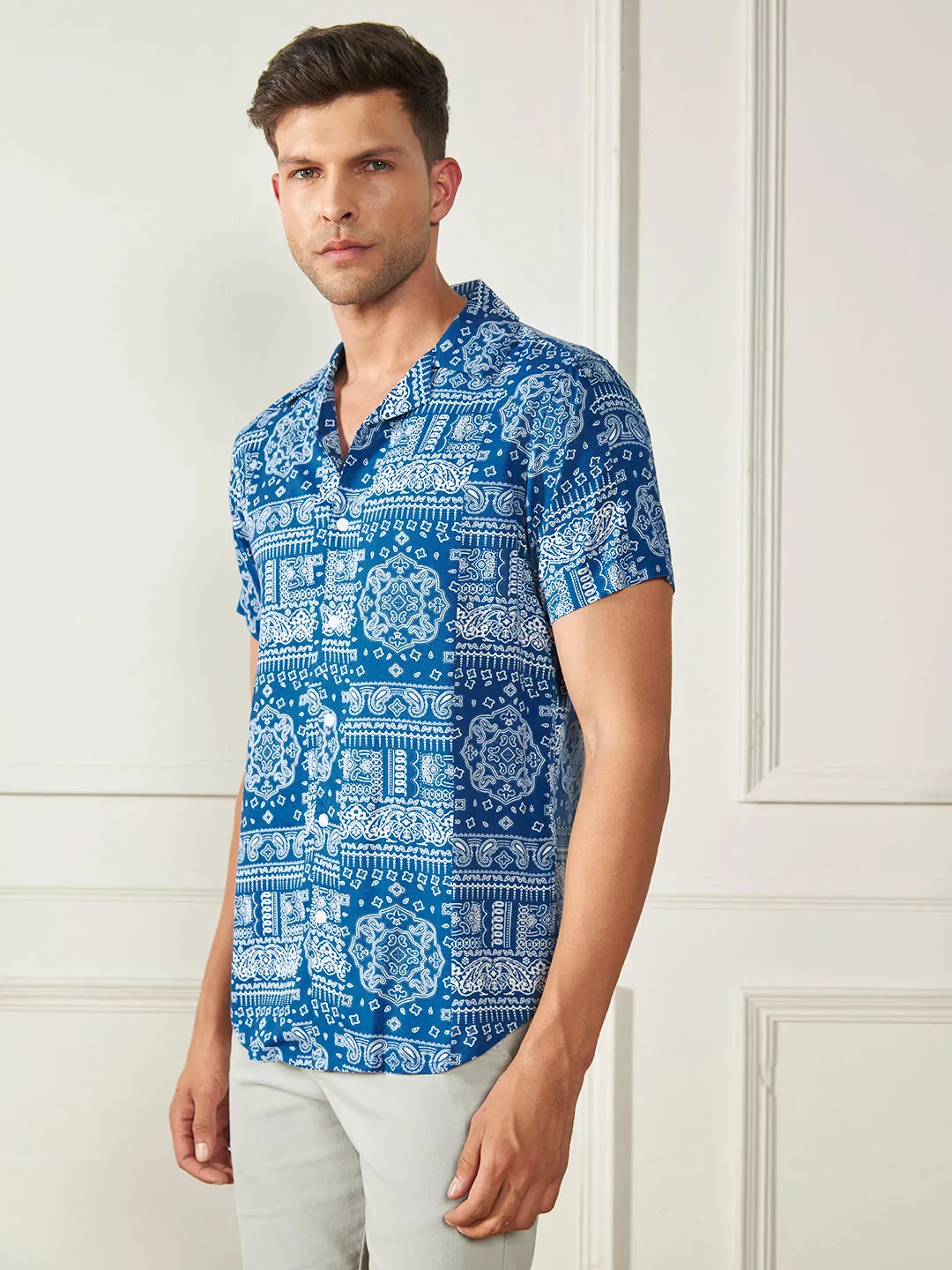 Men's Blue Ethnic motifs Printed Viscose Casual Shirt