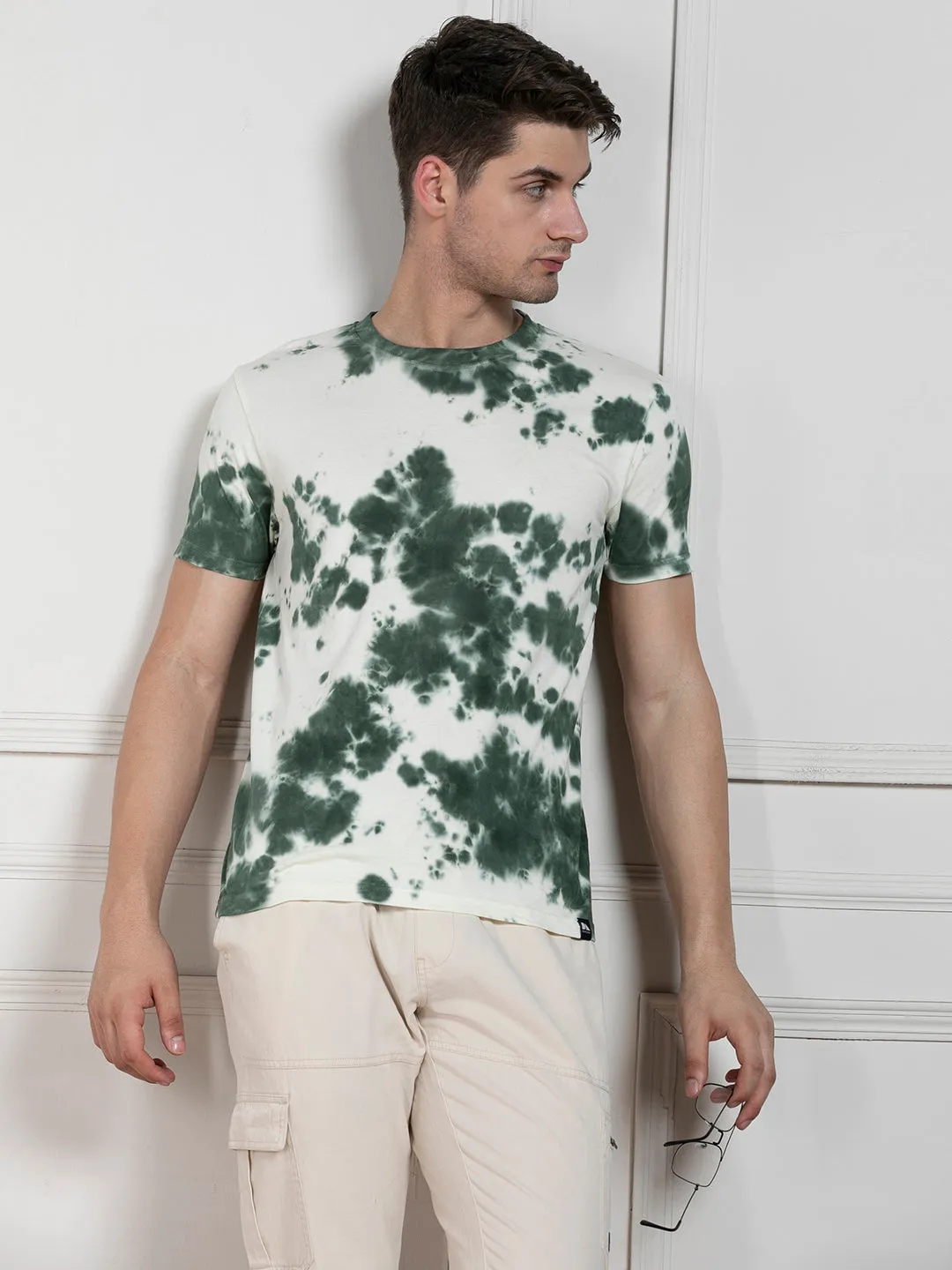 Men's Olive Round Neck Dyed Regular Fit T-Shirt