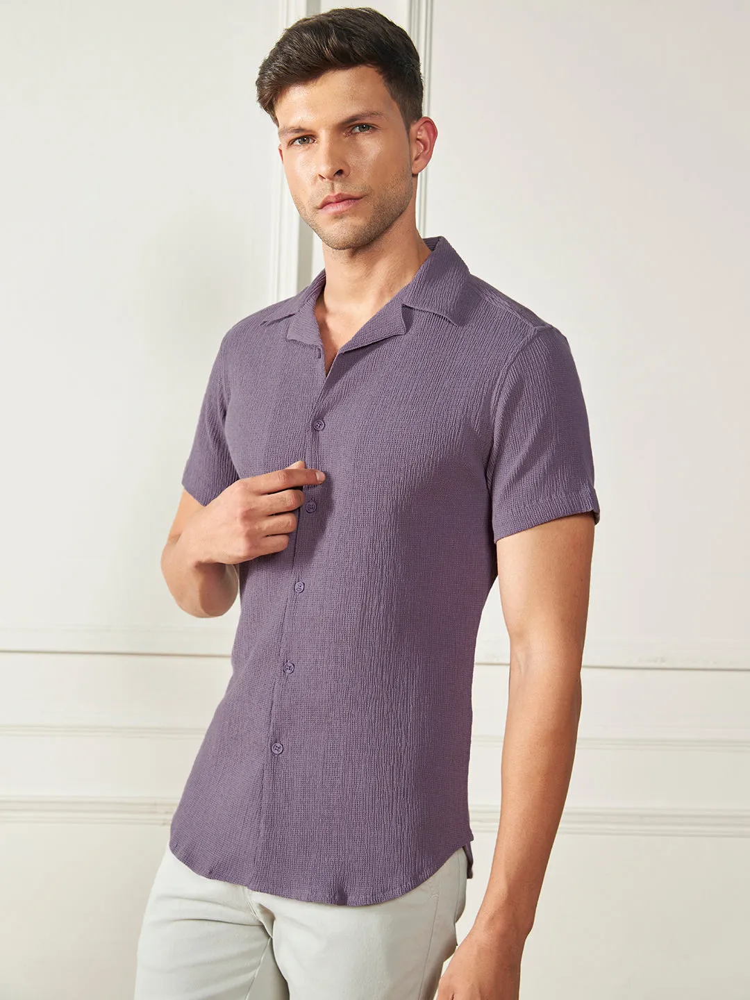 Men's Purple Textured Cuban Collar Cotton Poly Casual Shirt