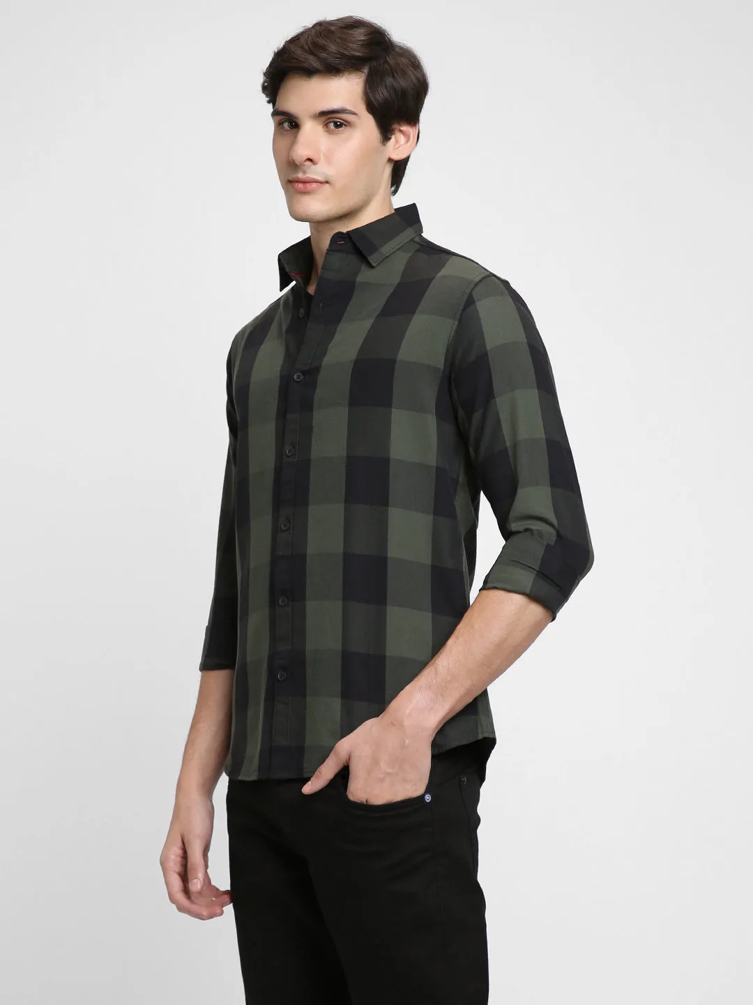 Men's Regular Collar Regular Fit Checks Green Casual Shirts