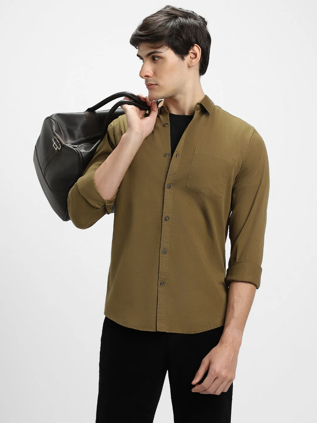 Men's Regular Collar Regular Fit Solid Light Olive Casual Shirts