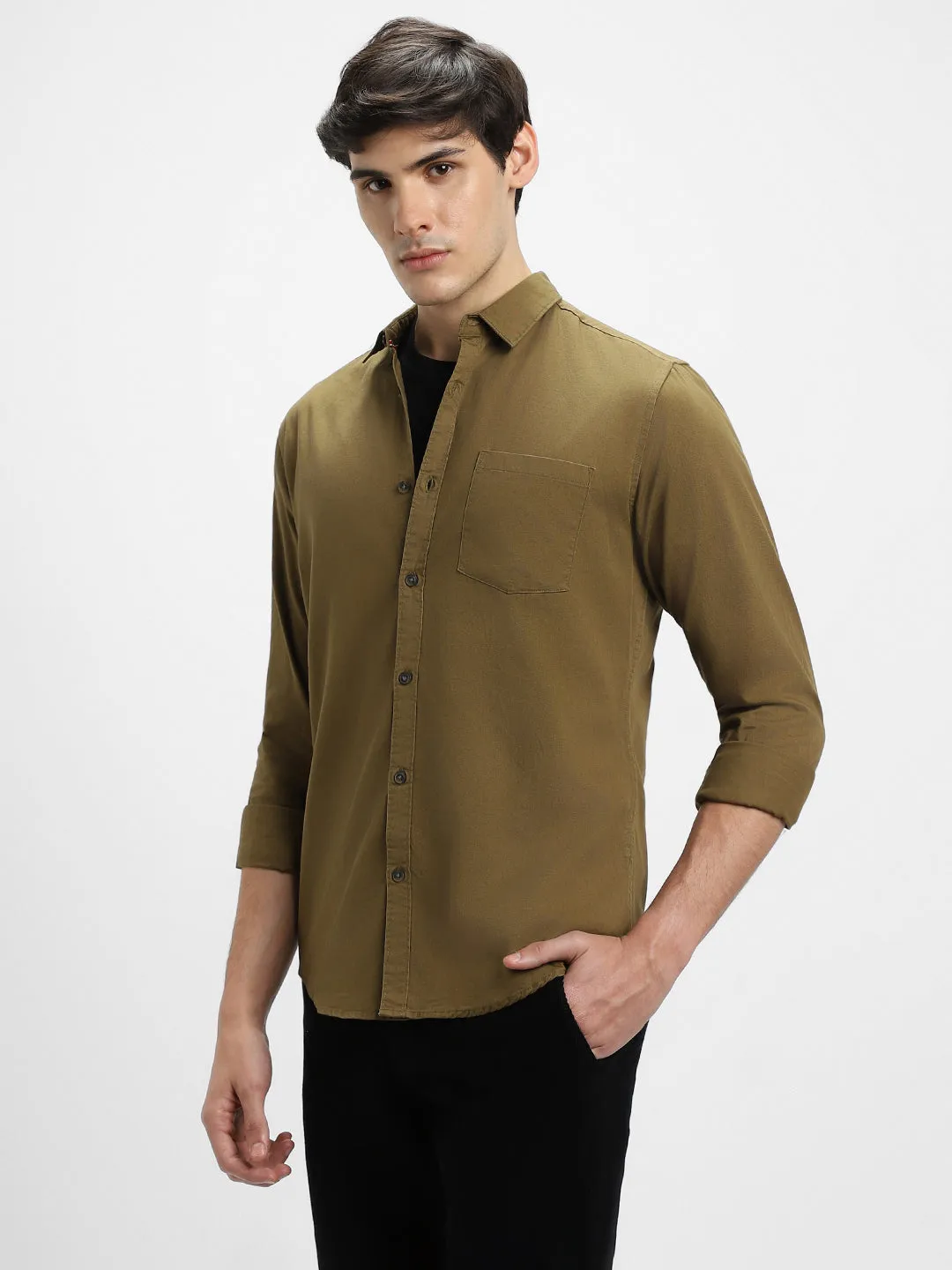 Men's Regular Collar Regular Fit Solid Light Olive Casual Shirts