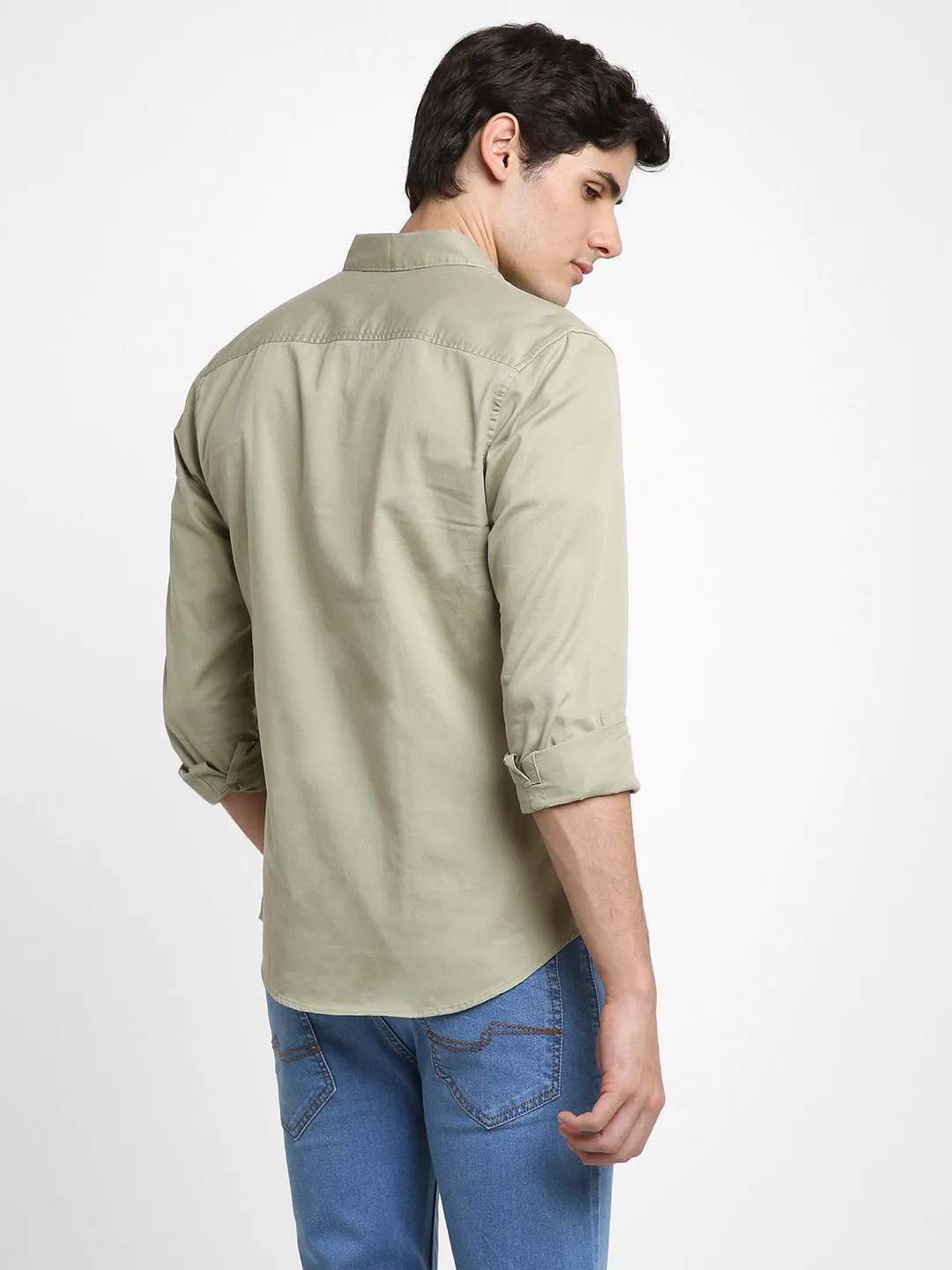 Men's Regular Collar Regular Fit Solid Pista Green Casual Shirts