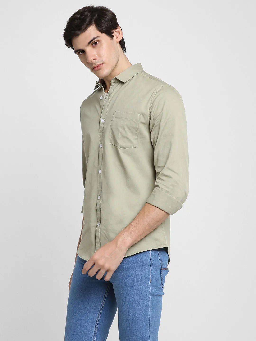 Men's Regular Collar Regular Fit Solid Pista Green Casual Shirts