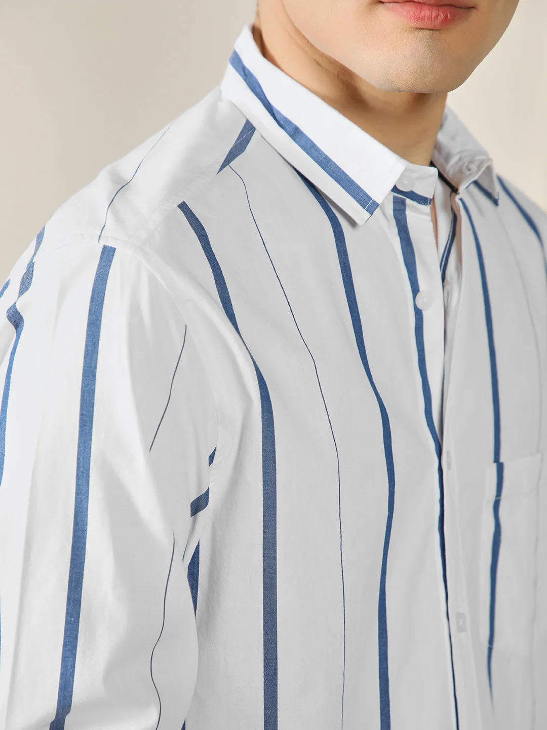 Men's White 100% Cotton Striped Casual Shirt