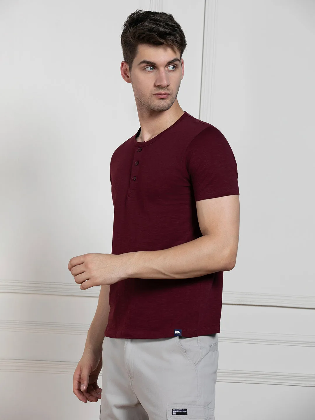 Men's Wine Henley Neck Solid Regular Fit T-Shirt