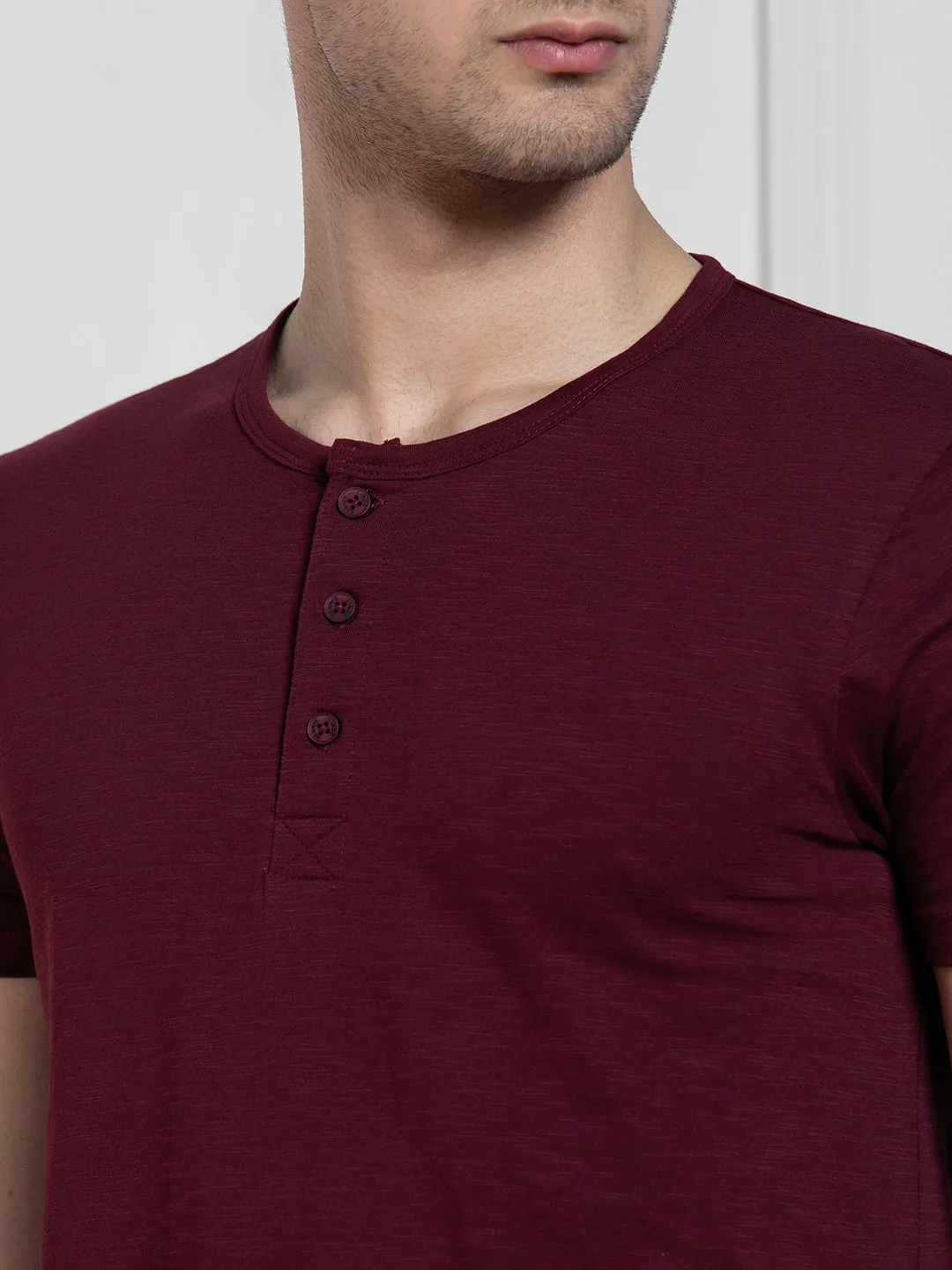 Men's Wine Henley Neck Solid Regular Fit T-Shirt