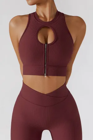 Ribbed Keyhole Zip Crop Tops Buit-in Bra