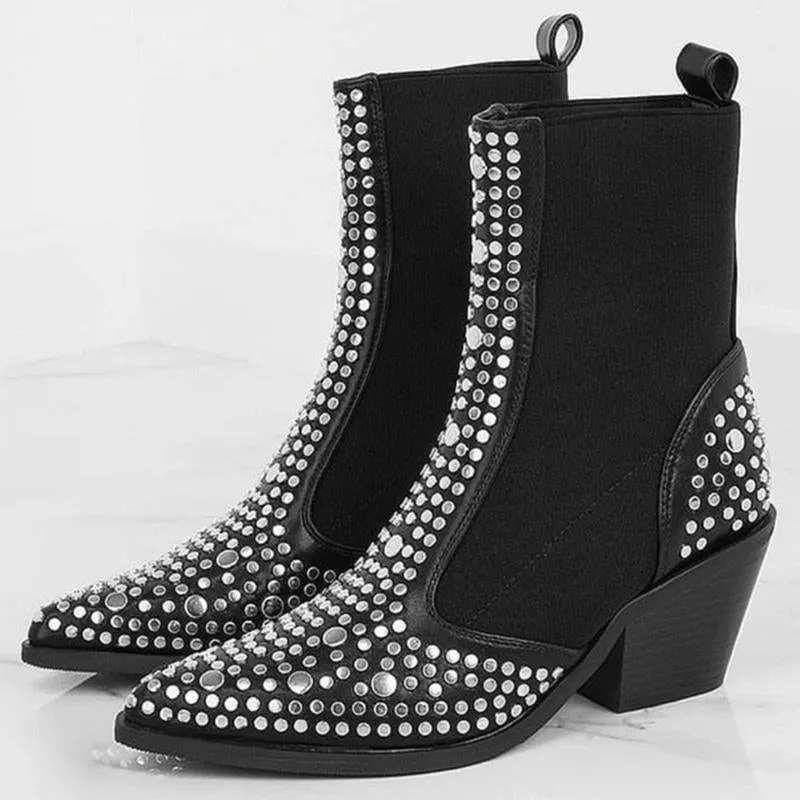 Womens's elastic black rivets ankle boots pointed toe square block heel booties